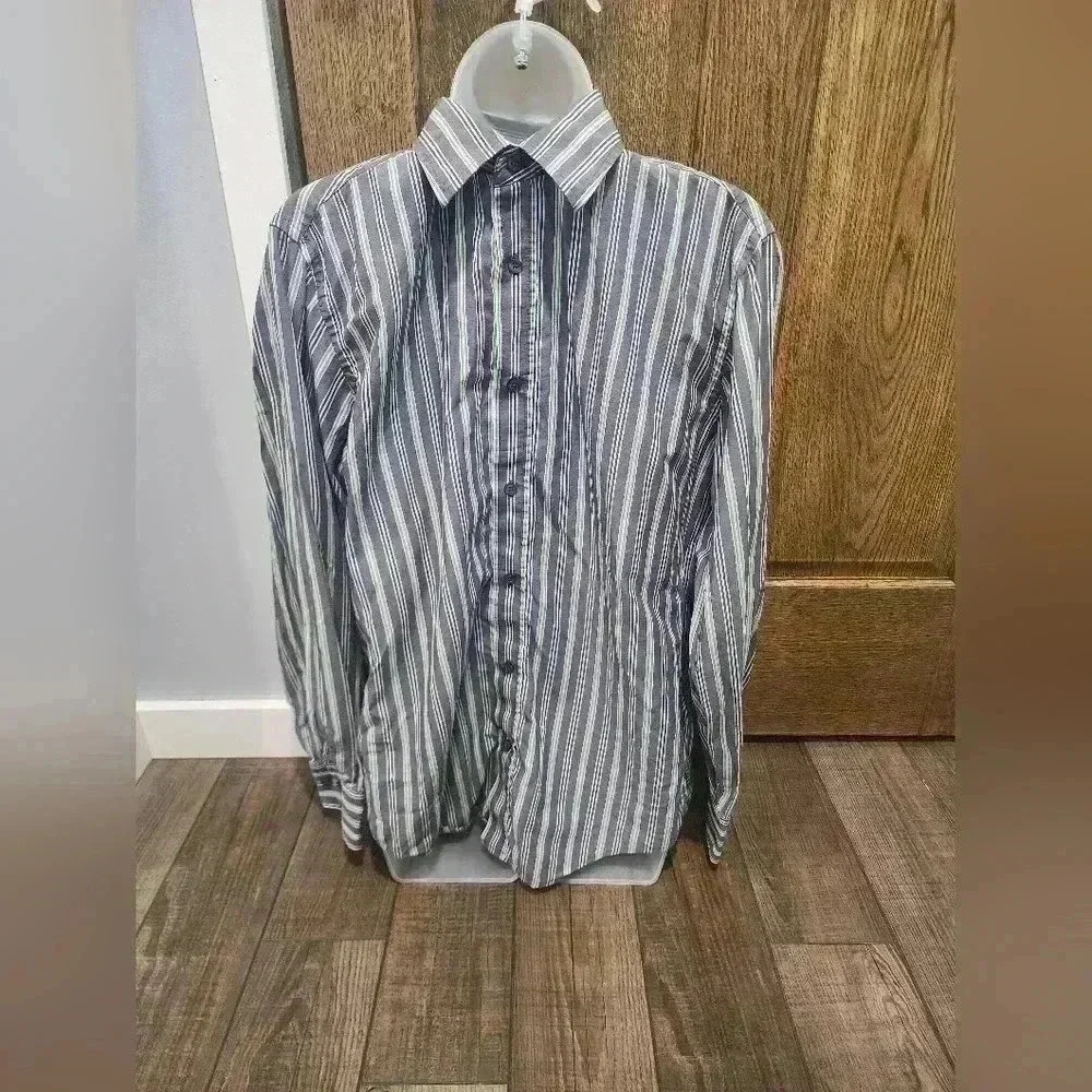 Banana Republic Mens Med White Green Blue Grey Striped Button Down LS Shirt